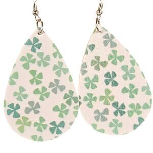 Shamrock Teardrop Dangle Earrings White Green St. Patrick’s Day Clover Jewelry